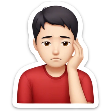 A worried white skib Korean man in a red shirt, resting his head on one hand sticker