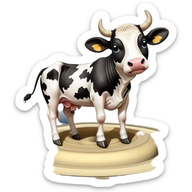 A black and white spotted cow head on top of the planet Saturn with its rings, and enormous human feet wearing shoes supporting the whole structure sticker