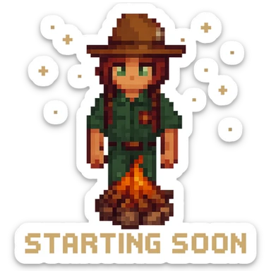 Add animated elements such as a crackling campfire, blinking character eyes, or twinkling stars, in pixel art Minecraft Twitch starting soon style. Preserve transparent background in pixel art style. sticker