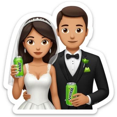 mexican wife in white wedding dress and white husband in wedding suit holding monster energy drink sticker