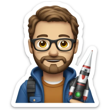 Man with glasses and brown hair and beard blue eyes, holding a camera, and a toy rocket sticker