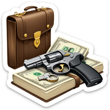 Icon for Action & Crime Reading: open book with text and picture, with a silhouette of a gun, a bag of money, and a police badge on the pages. Surrounding elements include a pair of handcuffs, a briefcase, and scattered bullet casings. Transparent background. sticker