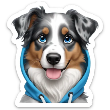 a 5 month old puppy, miniature American shepherd breed, blue merle color, with blue eyes, wearing a blue hooded sweatshirt and a snowboard sticker