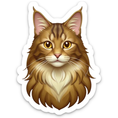 Cinematic Maine Coon Cat Portrait Emoji, Elegant and alert, sleek brown, gold, and cream tones, Simplified yet sharp features, highly detailed, glowing with a warm, confident glow, high shine, intelligent and poised, stylized with an air of grace, focused and attentive, soft glowing outline, capturing the essence of strength and grace, so lifelike it feels as though it could spring into motion with its majestic tail swishing at any moment! sticker