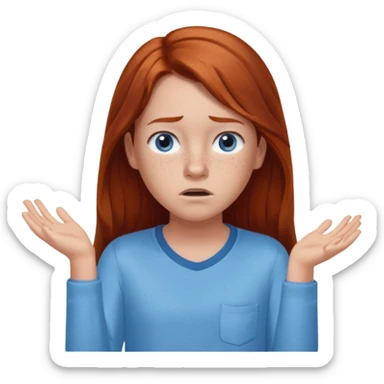 shrugging confused emoji tween long auburn hair light blue shirt with a darker blue L sticker