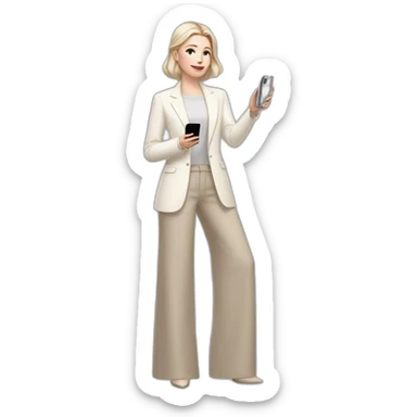 pale skin woman with ash blonde Straightened bob Hair, White Spacious classical jacket, beige palazzo Arrow pants and gray blouse holding white IPhone 14 pro in the hands sticker