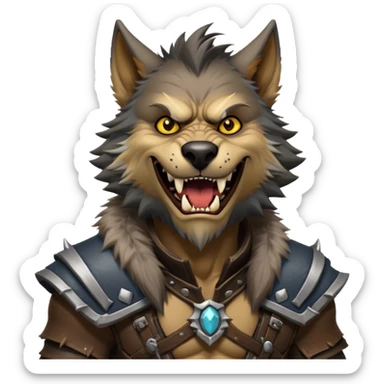 Cinematic Realistic WoW Worgen Portrait, head tilted dramatically with an exaggeratedly amused expression, blending ferocious beastliness with a touch of unexpected humor. His rugged fur, tanned skin, and worn leather garments are rendered with meticulous detail and dynamic lighting, high shine, dramatic yet whimsical, capturing the essence of a worgen whose epic might is tempered by a playful, irreverent charm. sticker