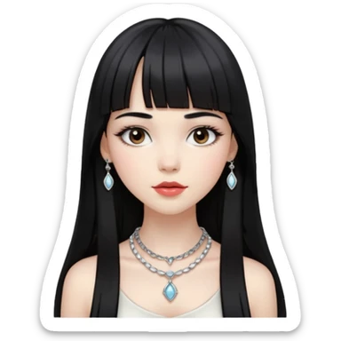 pale pretty girl with long black hair with straight bangs slightly above the brows and a hime cut after her chin, dark brown eyes, blushed lips and cheeks, long lashes, a silver necklace and  bracelets, with a classic timeless luxury style sticker
