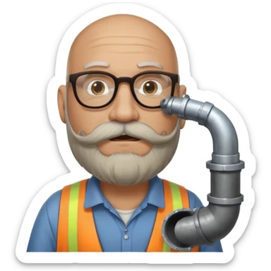 50 year old bearded and moustached white male wearing glasses. In his mouth is a sewer pipe and out the end is flowing brown liquid into a street gutter. sticker