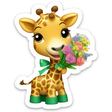 baby giraffe wearing green wellies holding a bouquet of flowers  sticker