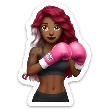 Beautiful tattooed  burgundy long haired woman boxing with pink gloves sticker