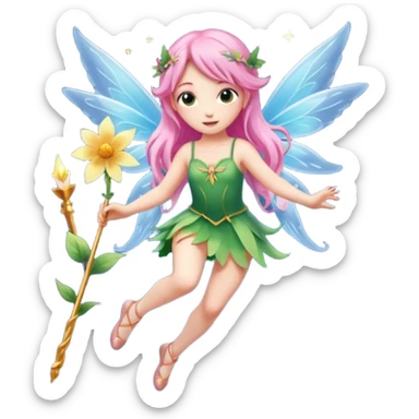 A flower fairy girl with long light pink hair, holding a magic stick, one leg straight and the other bent,flying， her whole body covered in fairy wings like Wendy's in Peter Pan. sticker