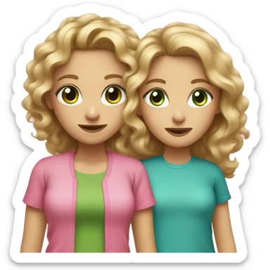mother with long straight light brown and green eyes plus daughter with long curly dirty blonde hair and blue  eyes, both with pink shirts sticker