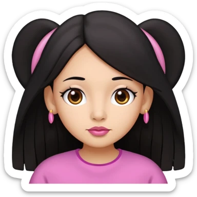 Gordita, ojos pequeños de color cafe oscuro, labios pequeños y rosados, piel trigueña, orejas pequeñas, cabello largo lazio y negro. sticker