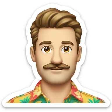 Soft male caucasian Trader Joe's employee with tropical shirt and hipster handlebar-type moustache and brown hair. 34 years old. sticker