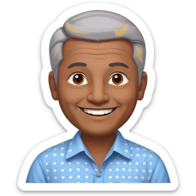 50 yr old indian man, dark skin, grey hair, big smile, white teeth, chubby, no moustache, clean shaven, young style hair, hair brushed back, 5 oclock shadow, bindy on forehead, dress shirt, forehead dot sticker