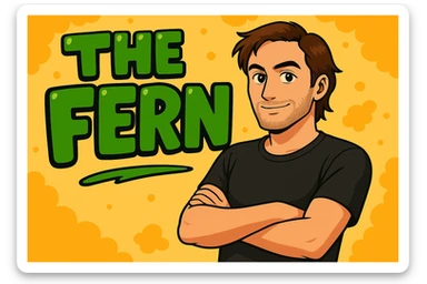 Make the brunette anime man look a little older (late 20s to early 30s) with more mature facial features, still leaning to the side with arms crossed, in front of green bubble letters that say 'The Fern'. He should have a black t-shirt, no jacket, medium-length brown hair, and an expressive anime face. Keep the vibrant, cartoonish, eye-catching vibe as in the original style. sticker