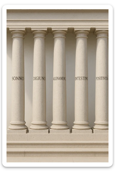 5 pilastri con le scritte "SONNO", "DIGIUNO", "ALLENAMENTO", "INTESTINO", "POSITIVITà" IMMAGINE IPERREALISTICA SFONDO CHIARO IN ITALIANO sticker