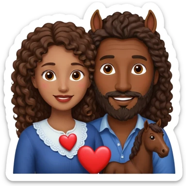pareja de Mujer morena rizada cabello largo castaño ojos oscuros y hombre piel blanca con caballo oscuro con barba y ojos marron alrededor de la pareja corazones sticker