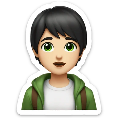 Girl black hair square green eyes plump lips kisses a boy brown hair green eyes plump lips. Around peaches sticker