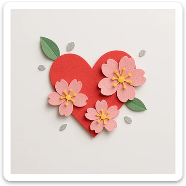 heart with sakura flowers and silver accents, paper craft style sticker