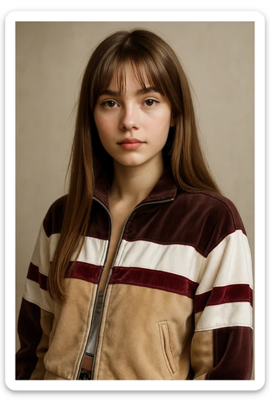 light fair skin girl with straight long light brown hair and curtain bangs, dark brown almond eyes, wearing a Y2K style jacket, detailed, trendy, realistic portrait sticker