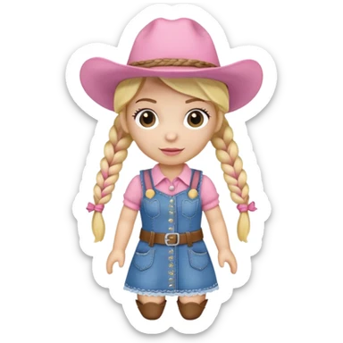 A soft plush cowgirl doll with a pink hat and blonde braids sticker