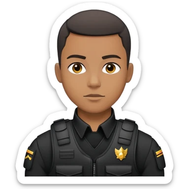 black soldier very short hair,  in black bulletproof vest, black uniform sticker