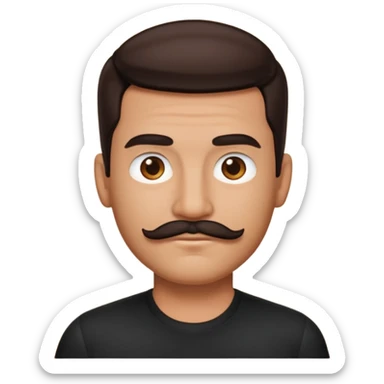 man emoji with medium tan skin, dark brown slicked-back hair, a well-groomed mustache with a black shirt sticker