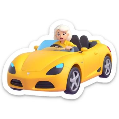Make the entire image 30% more realistic, including the mother with white hair and the yellow sports car, keep fast and furious vibe, dynamic motion effects, sporty 3D emoji style, no background. sticker