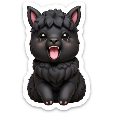 Cinematic Cute Yawning Black Alpaca Portrait Emoji, Head tilted slightly with a dramatic, wide-open yawn, showcasing a soft, plush jet-black fleece with gently drooping ears, round dark eyes barely open in drowsy contentment, Simplified yet irresistibly adorable features, highly detailed, glowing with a soft, cozy glow, high shine, relaxed yet expressive, stylized with a touch of whimsy, bright and endearing, soft glowing outline, capturing the essence of a sleepy yet affectionate alpaca, so drowsy it feels like it could stretch out of the screen and curl up for a nap! sticker