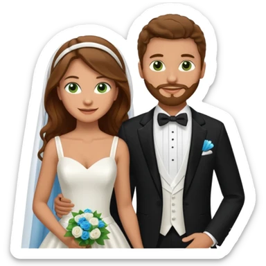wedding couple woman with long straight brown hair and green eyes man with short light brown curly hair and facial hair with blue eyes sticker