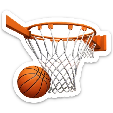 A close-up shot of a basketball entering the hoop, with the ball swishing through the net. The background features a blurred basketball court, emphasizing the perfect shot and the excitement of the game. sticker