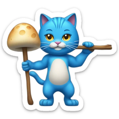 Strong muscles Blue cat NO ears  wearing a mushroom cap carrying a stick in one arm standing on two legs with pants sticker