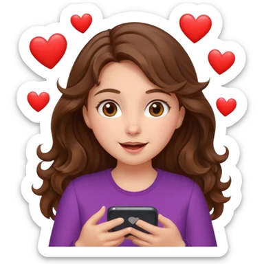 Girl with wavy brown hair and hazel eyes Looking at phone and in love and she is excited and hot with hearts sticker
