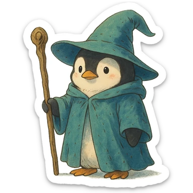 magical atmosphere penguin wizard holding a staff, wearing a wizard hat, ghibli style sticker