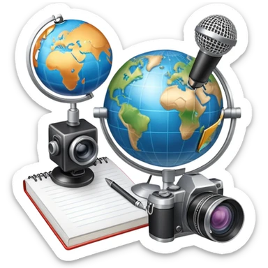An icon showing a microphone, a notepad, and a camera, symbolizing journalism. The design includes a globe in the background, representing global news, and a breaking news banner for emphasis. Transparent background highlights the dynamic world of media and reporting. sticker