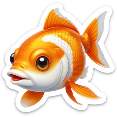 Cinematic Cute Orange and White Goldfish Portrait Emoji, Head tilted playfully and inquisitively, featuring a glossy, vibrant body adorned with a striking mix of orange and white, round, sparkling golden eyes filled with curiosity, Simplified yet irresistibly adorable features, highly detailed, glowing with a warm, friendly glow, high shine, affectionate and lively, stylized with a touch of whimsy, bright and endearing, soft glowing outline, capturing the essence of a mischievous yet loving goldfish, so playful it feels like it could swim out of the screen and into your heart! sticker
