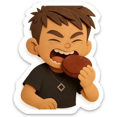 The same boy is now greedily chewing the meat patty sticker