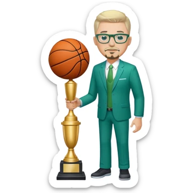 Full Body white male plus size body type  wearing glasses with a goatee with light blonde gray very short hair basketball head Coach in blue and green suit holding trophy sticker