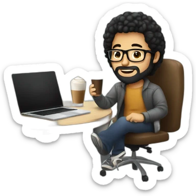 Designer with black hair, beard and glasses working with MacBook and drinking cappuccino  sticker