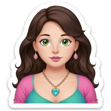 Girl girl long wavy dark brown hair with middle part, green/blue/gold eyes, plus size, pink girly top, right nostril rose gold nose ring, pink heart crystal necklace  sticker