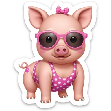 cute pig wearing  star-shaped sunglasses and polka dot bathing suit on all fours  sticker