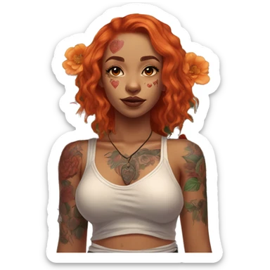 girl with orangey red shoulder-length hair, large brown eyes, full lips, septum piercing and large chest tattoo of anatomical heart with flower bunches near the shoulders sticker