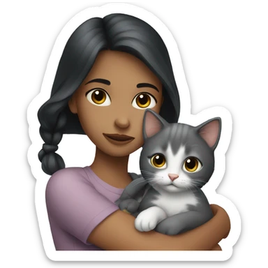 girl with dark hair hugs grey kitten sticker