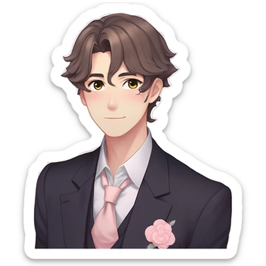 Gorgeous romantic hot attractive anime style formal modern gentlemanly anime shojo guy with pretty hair and flower petals and blushing face aesthetic trending style with colorful gradient colors  pastelcore cottagecore kawaiicore sticker