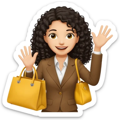 medium deep tan brown business woman with long black curly hair, waving hand with happy face with smile mouth and carrying bag on her shoulder and the other hand holding yellow stanley tumblr sticker