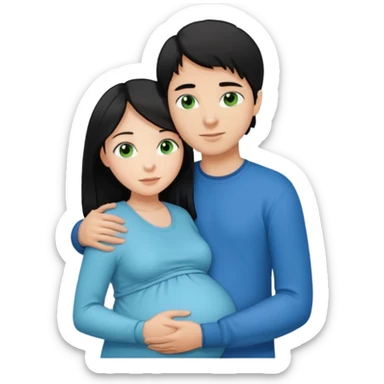 Make a couple hugging the girl is white with long black hair with blue eyes. The girl is hugging a boy with light brown short hair with green eyes. The boz is pregnant  sticker