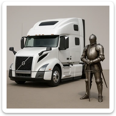 a knight standing next to a white 2022 Volvo semi sleeper truck, detailed, modern, clean background sticker