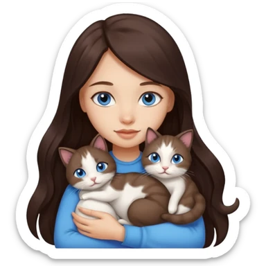 a pretty girl with long dark brown hair, with blue eyes, hugs 3 different natural coloured small cats sticker